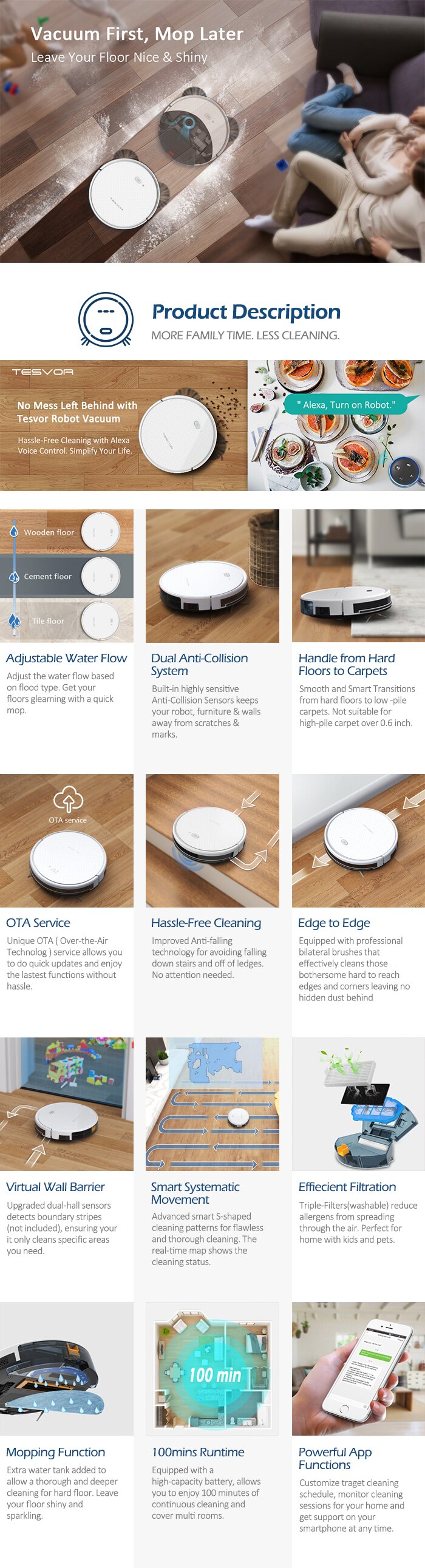 Tesvor x500 Pro Robot Vacuum Cleaner and Mop 1800Pa Strong Suction SelfCharging WiFi Connected